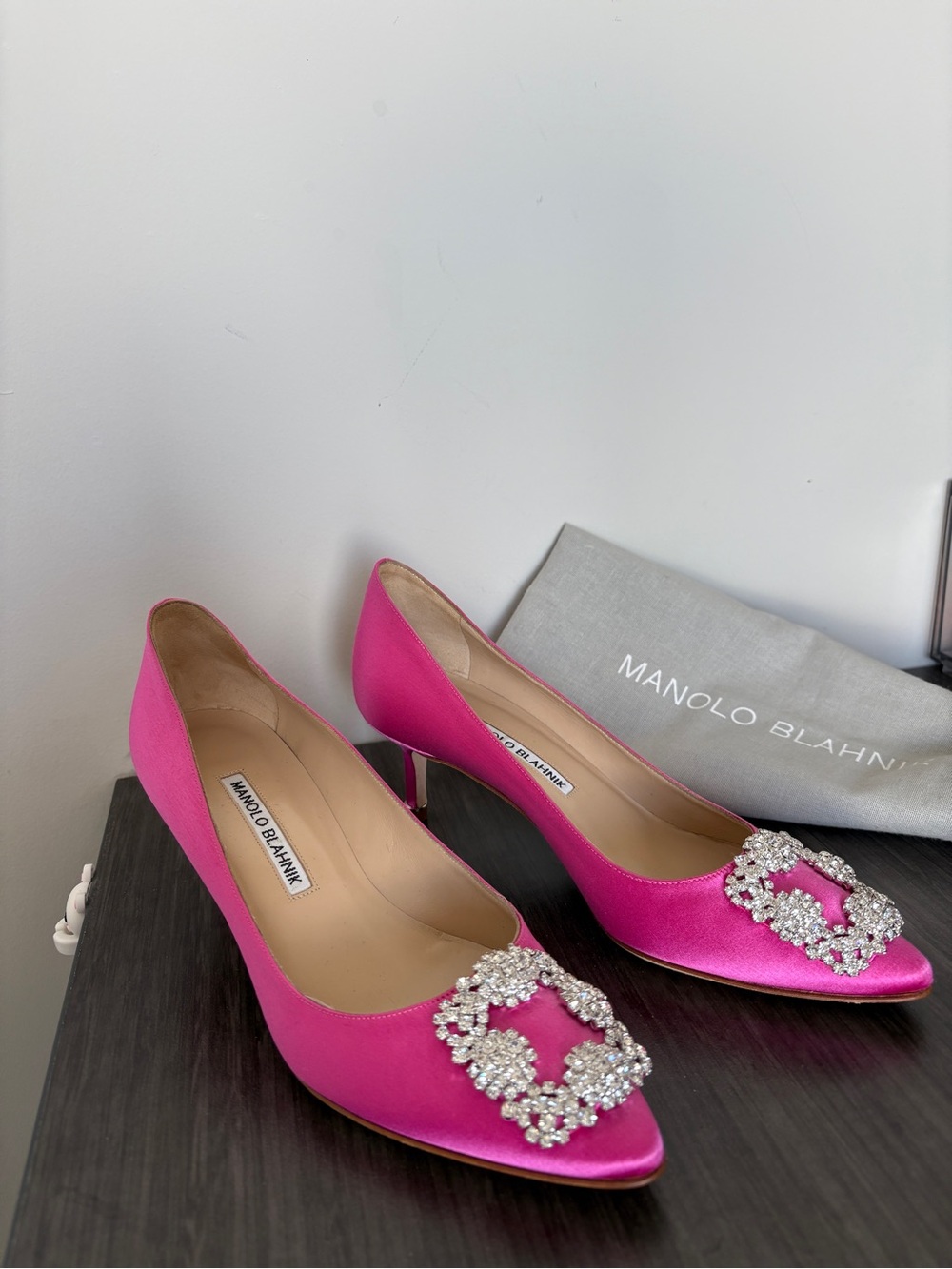 Manolo Blahnik Hot Pink Satin Crystal-Buckle Pumps